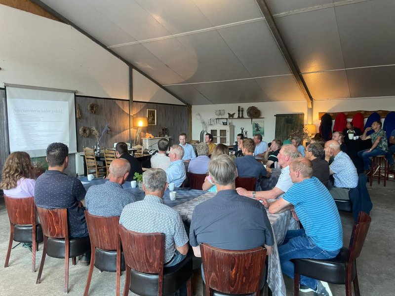 Bijeenkomst waar meerdere mensen rondom twee tafels naar een presentatie kijken